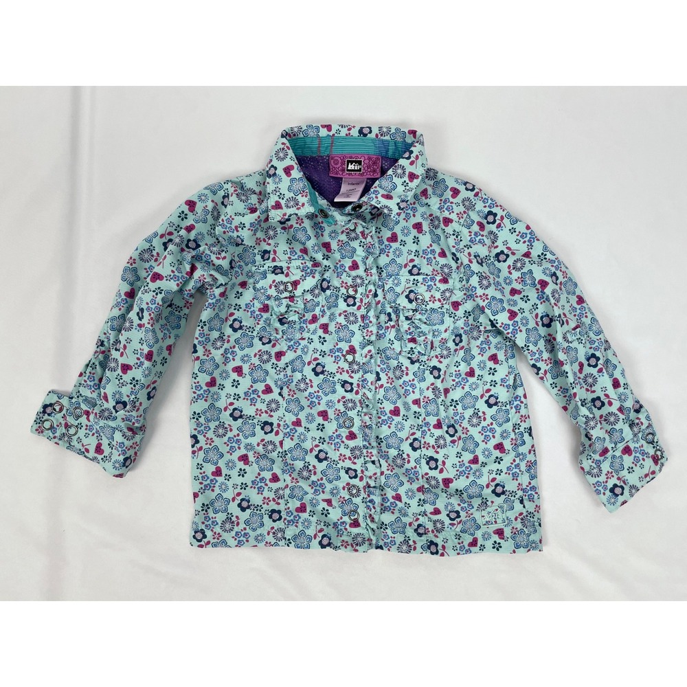 REI Infant Girl 12m Blue Long Sleeve Snap Shirt Vented Floral Nylon Outdoor